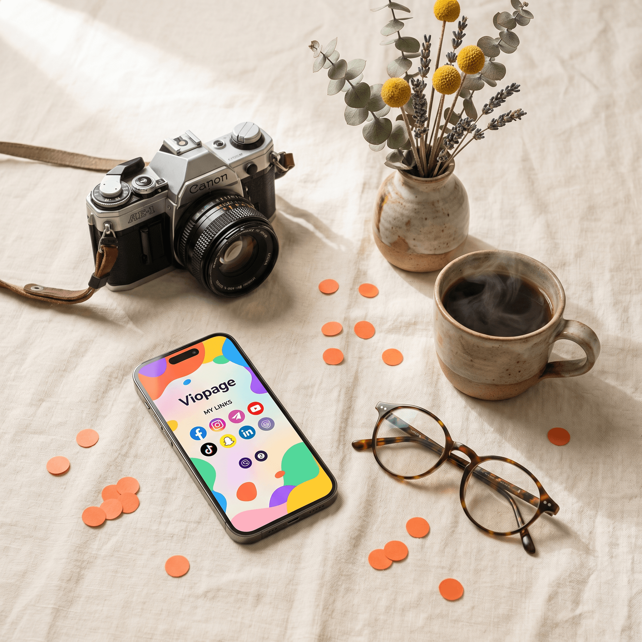 Viopage flatlay — creator tools and branded accessories