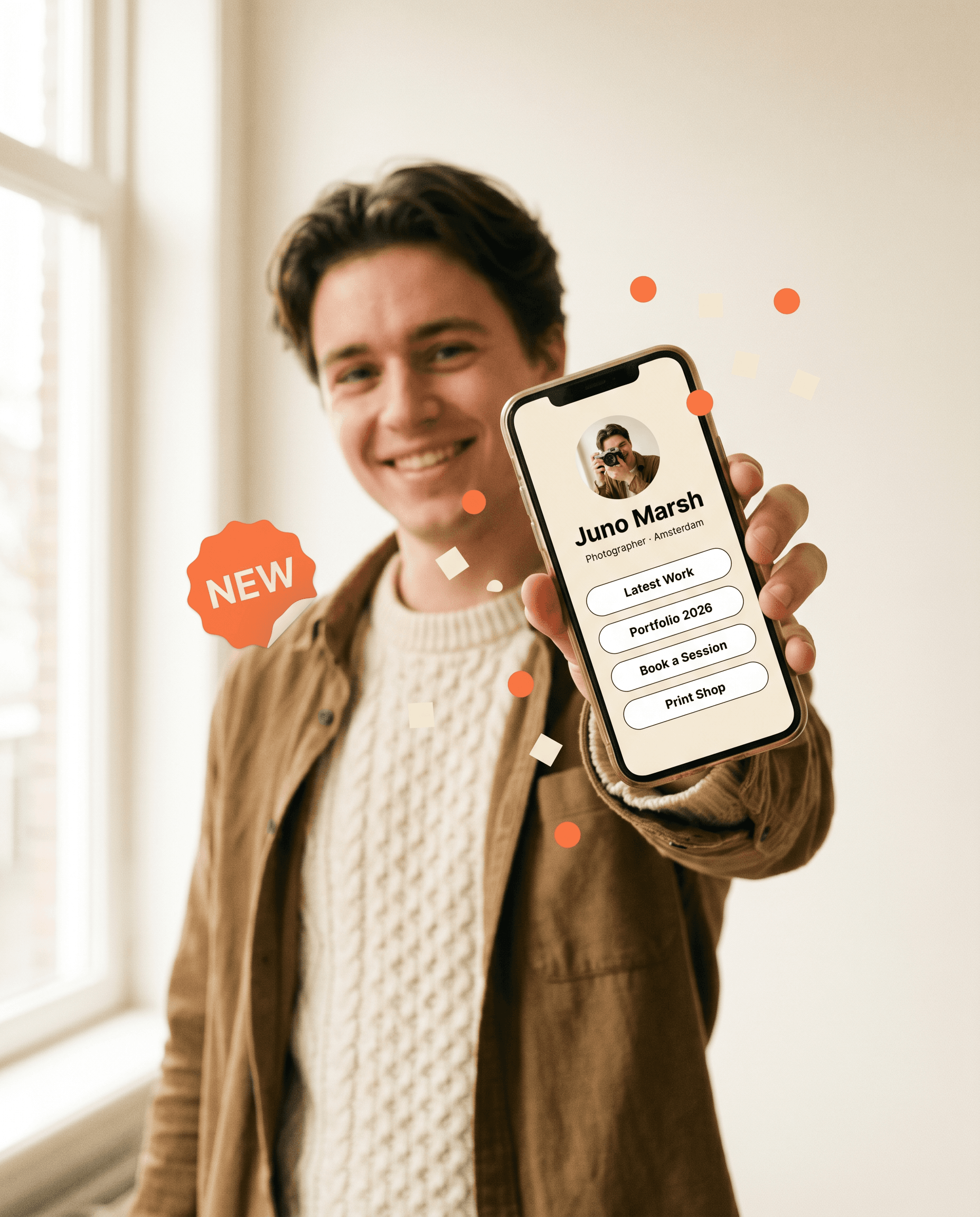 Creator holding a phone showing their Viopage link-in-bio profile
