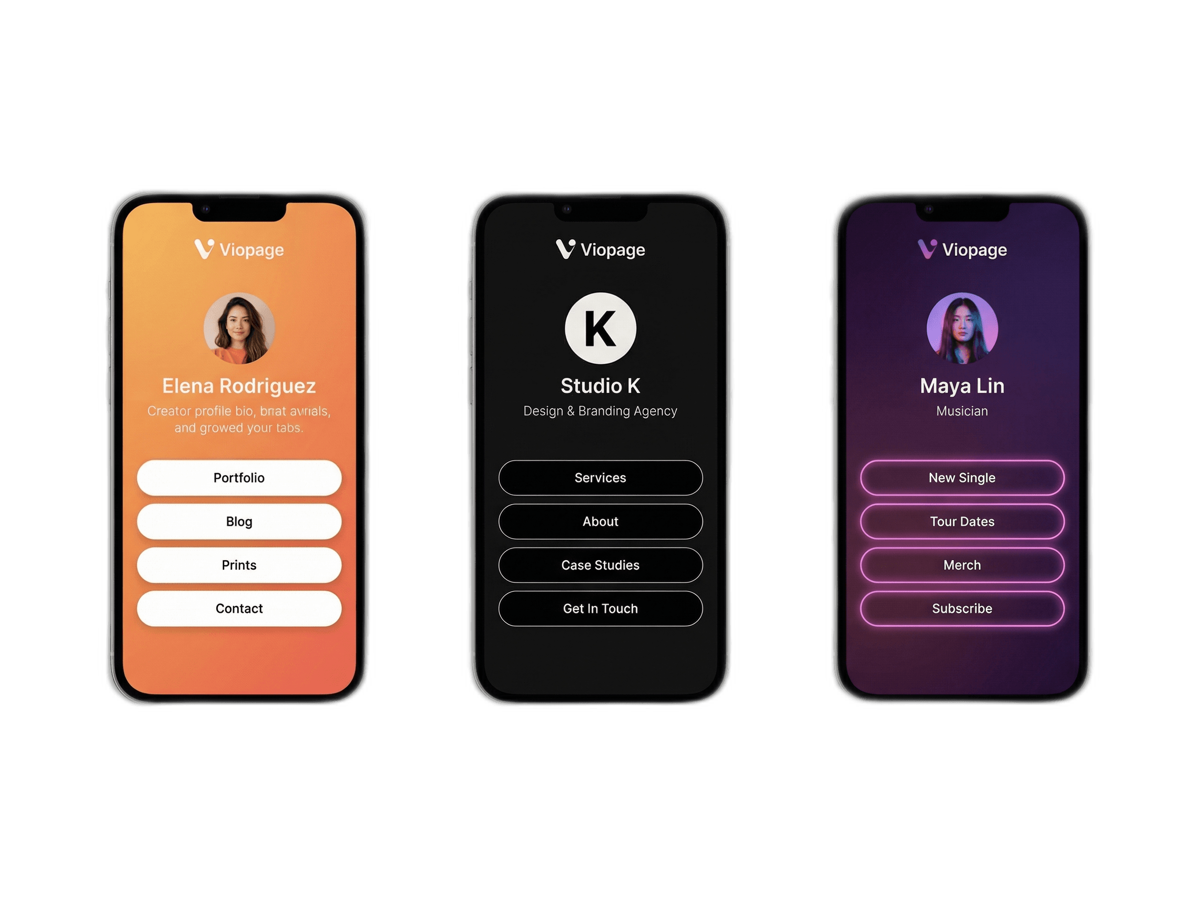 Professional link-in-bio pages displayed on mobile phones — Viopage bio link builder for creators