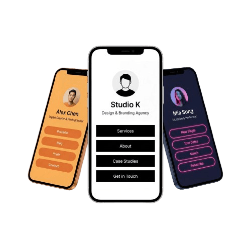 Three viopage creator profiles displayed on phone screens