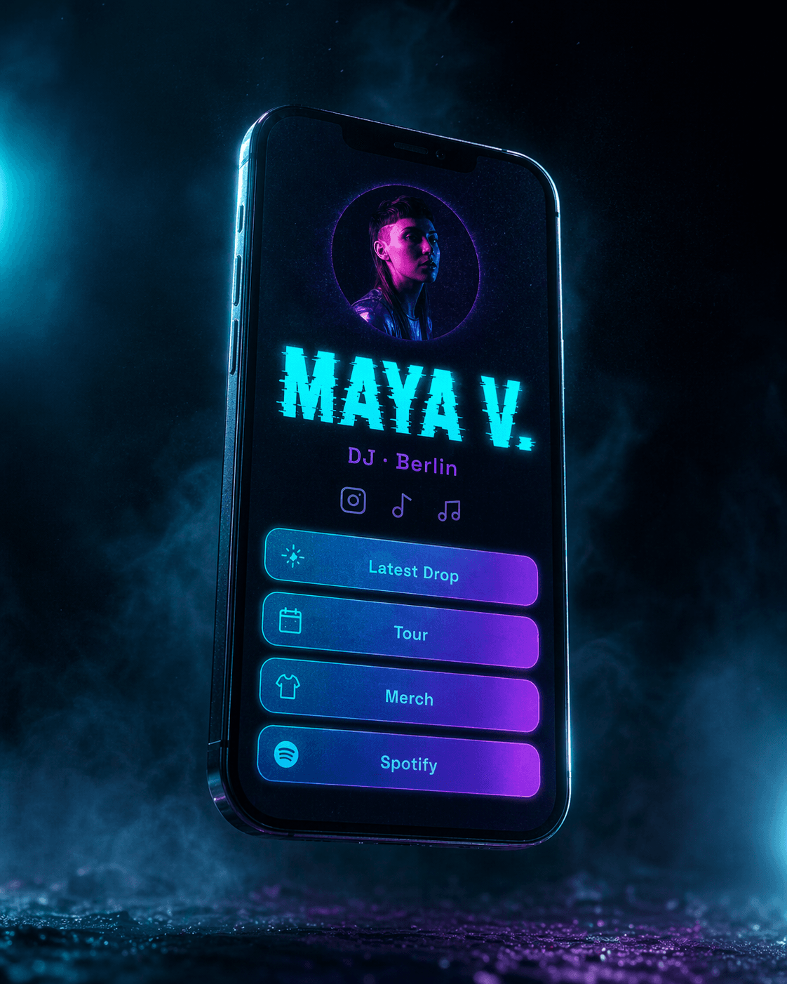 Electric theme preview — vibrant link-in-bio page for musicians