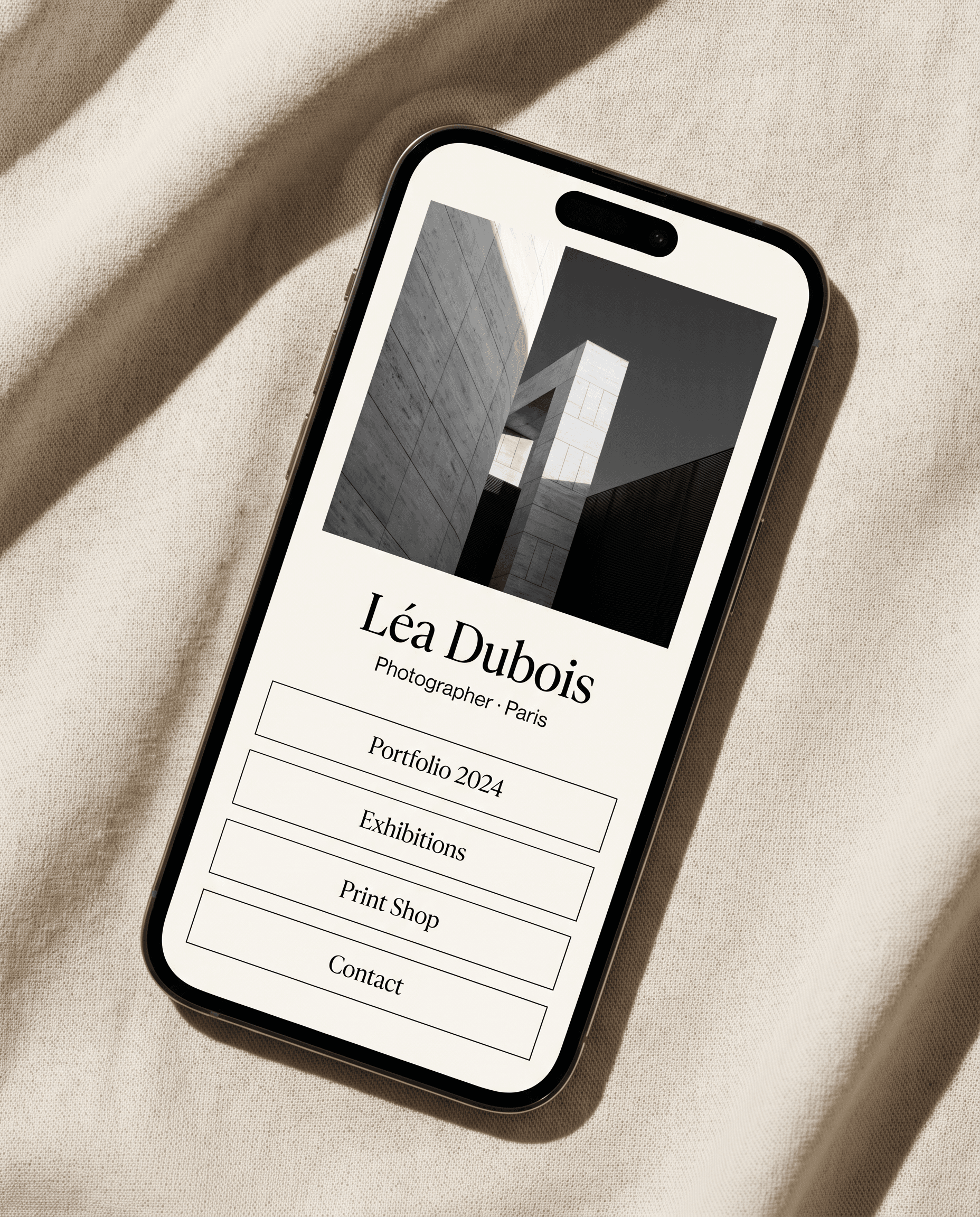 Modernist theme preview — warm editorial link-in-bio page for photographers