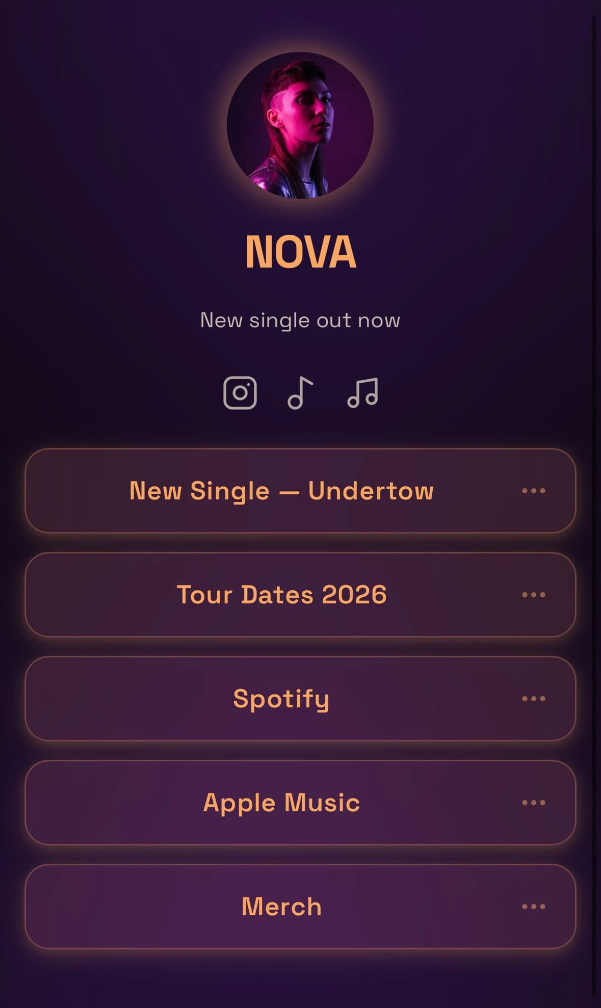 Electric theme — bold neon link-in-bio page for musicians