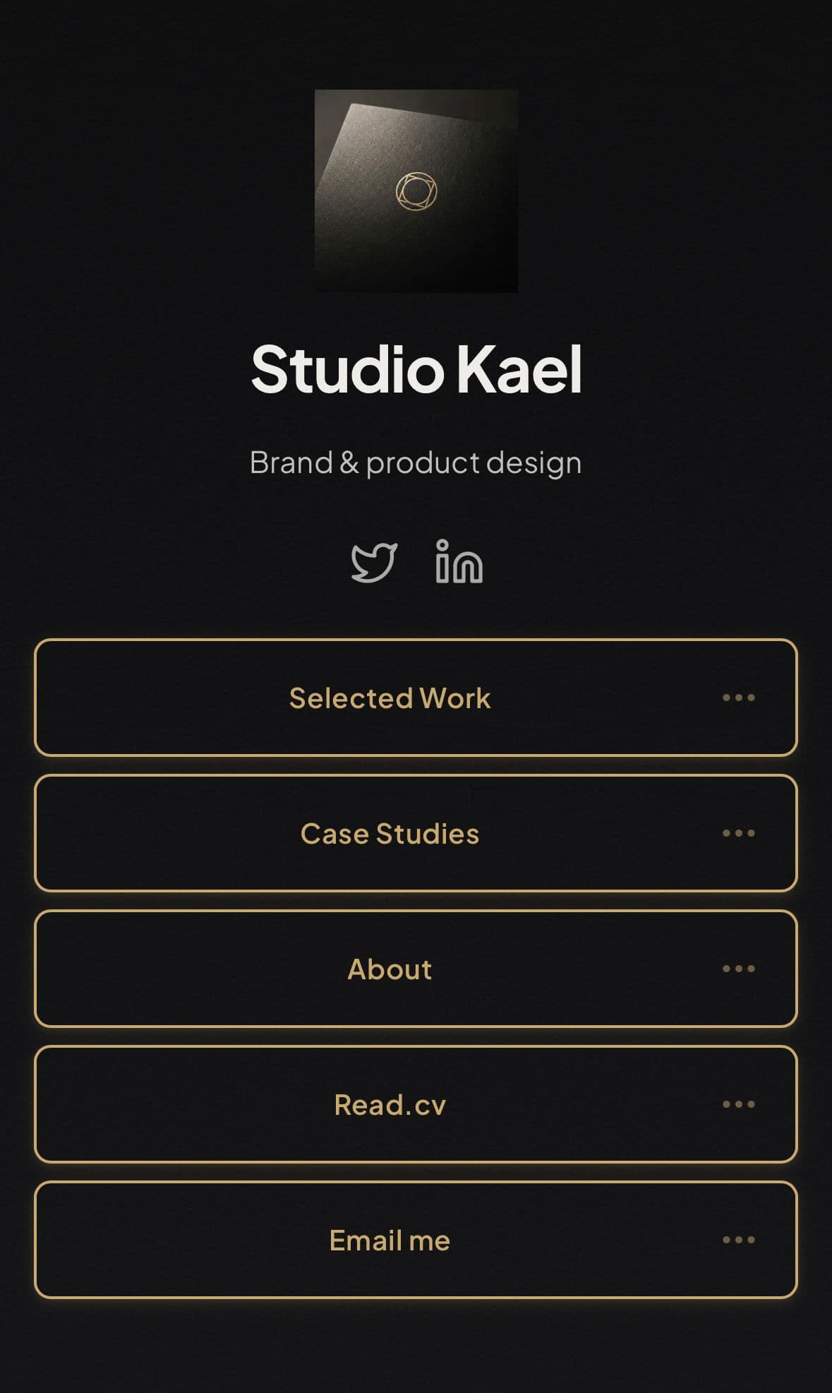 Executive theme — dark editorial link-in-bio page for designers and architects