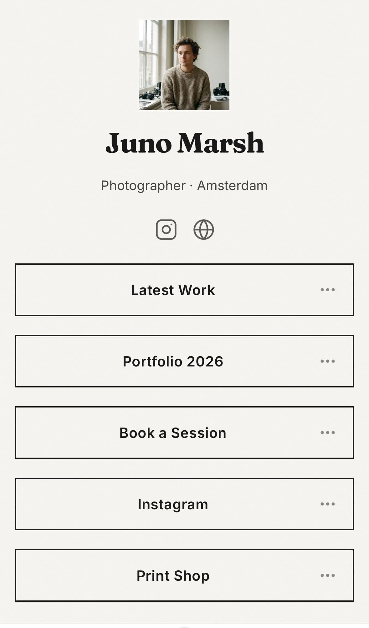 Modernist theme — clean minimal link-in-bio page for photographers